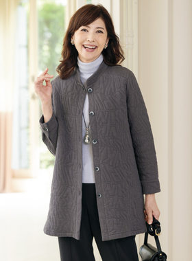 2025年春日本代购女士绗缝英文图案提花柔软小立领中长宽松棉服