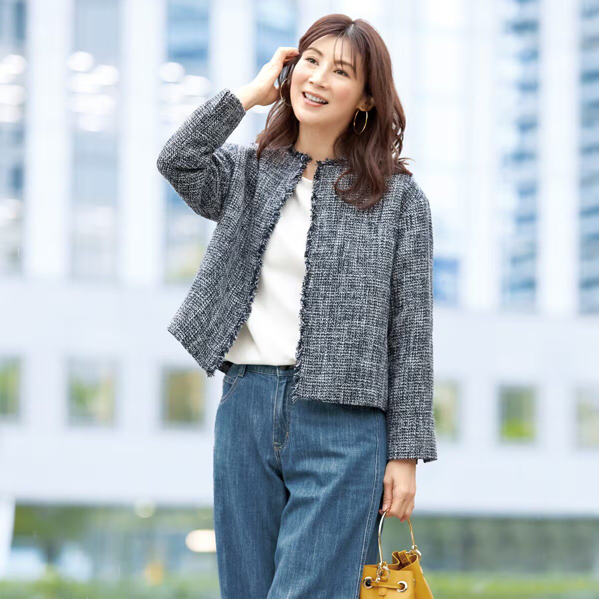 日本代购2026年夏号女士高级质感柔软粗花呢长袖圆领短外套有大码
