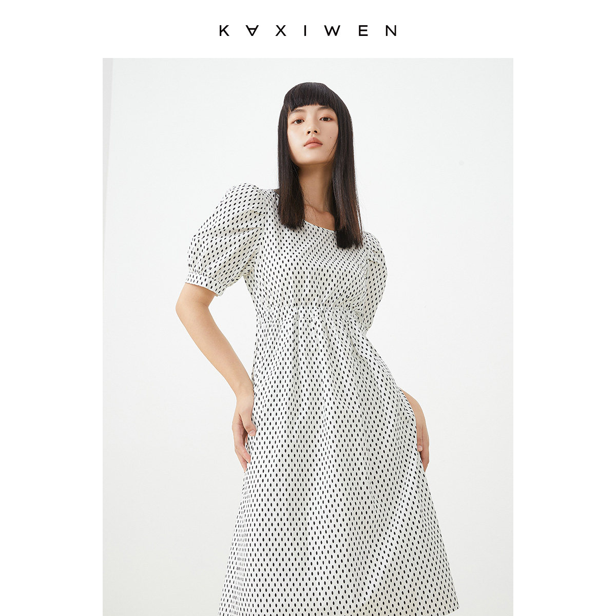 佧茜文连衣裙2023年夏季新款女装简约波点镂空泡泡袖高腰系带裙子