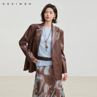 佧茜文复古廓形皮衣西装