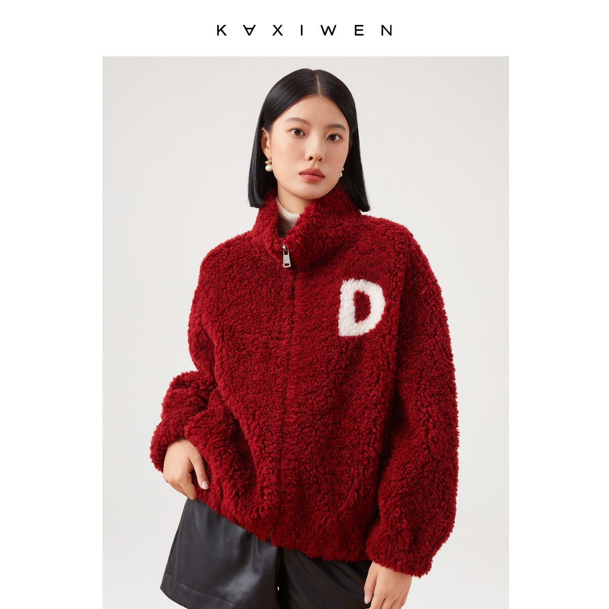 佧茜文冬季新品羊剪绒大衣皮毛一体女短款立领棒球服休闲皮草外套