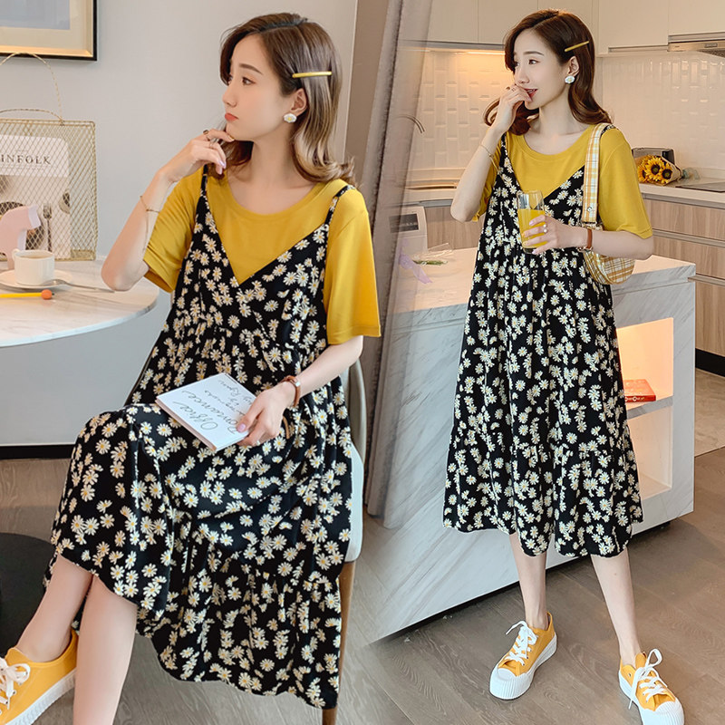 小雏菊孕妇连衣裙夏装两件套过膝2020潮妈宽松显瘦碎花吊带裙雪纺