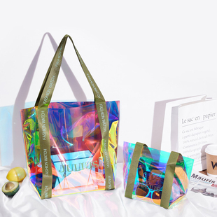 Julius 聚利时镭射炫彩透明手提袋收纳购物袋环保防水防油通勤包