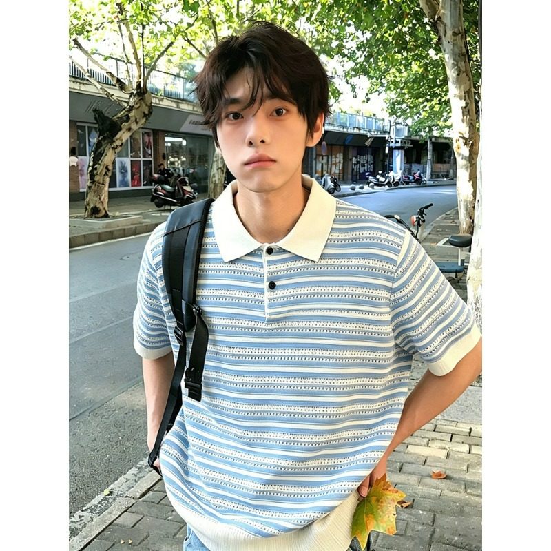 男装韩版修身撞色提花条纹短袖翻领POLO针织衫夏季小清新百搭毛衣