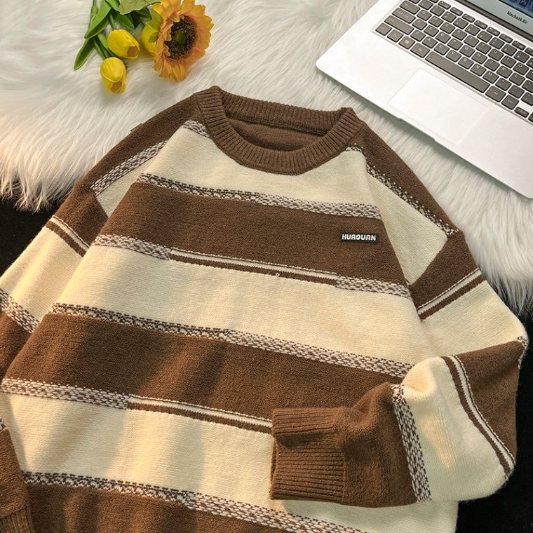 男款针织衫毛衣学院风撞色拼接条纹长袖线衣外套秋冬休闲宽松上衣