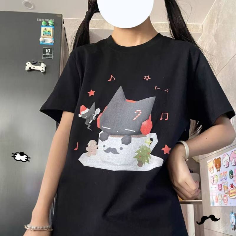 美式轻奢仿刺绣情侣T恤男宽松黑色女可爱卡通印花夏季短袖恤衫