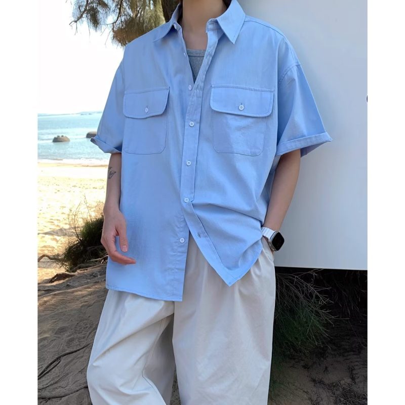 夏季男装短袖衬衫宽松纯棉纯色蓝色休闲痞帅百搭简约翻领潮流衬衣