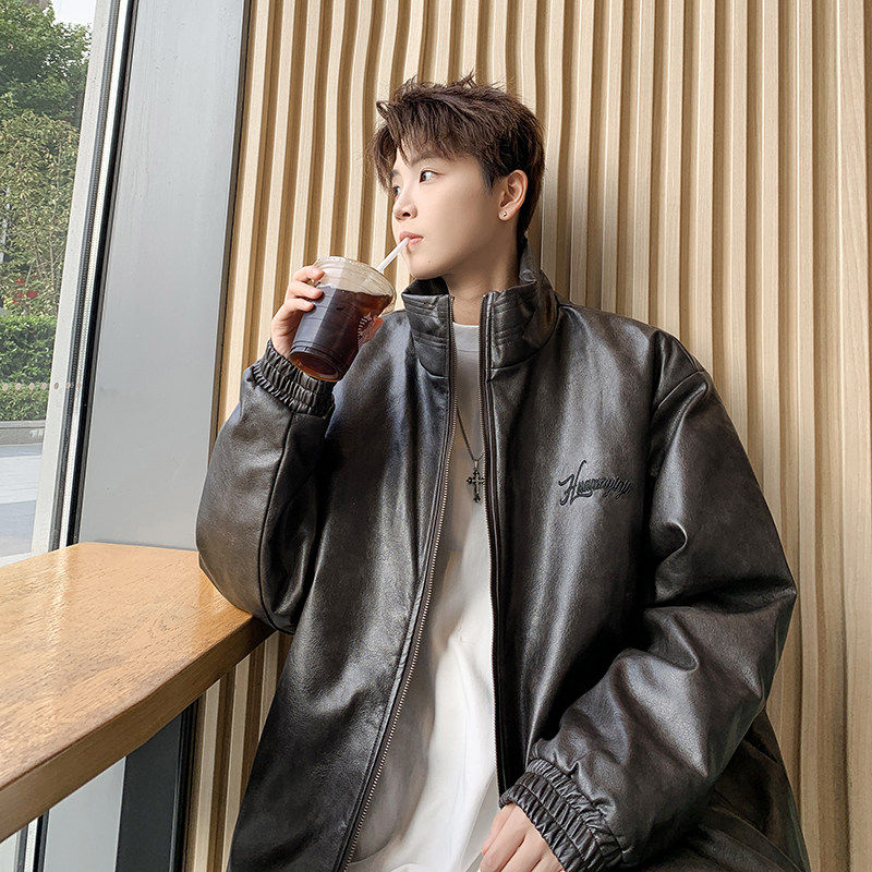 男士宽松立领PU皮夹克短款棉服复古字母刺绣加厚保暖秋冬黑色棉衣