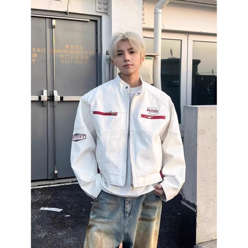 男士白色机车风PU皮夹克短款拼接宽松休闲外套潮流美式复古皮衣