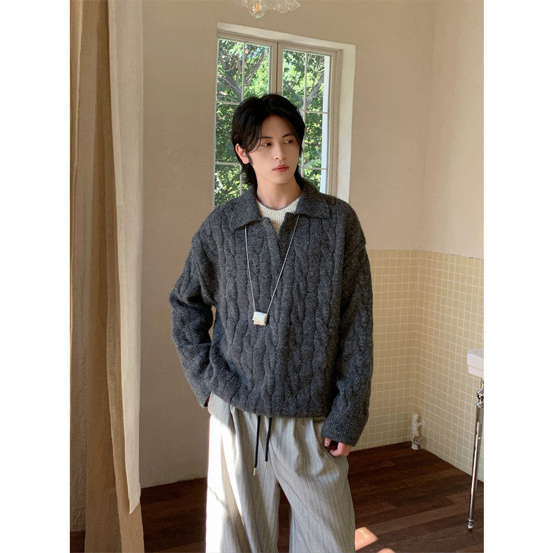 男士秋冬慵懒风假两件翻领套头针织衫复古麻花纹宽松毛衣灰色纯色
