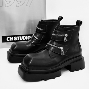 高级感方头切尔西男厚底增高中筒英伦风马丁靴小众高帮德比皮鞋男
