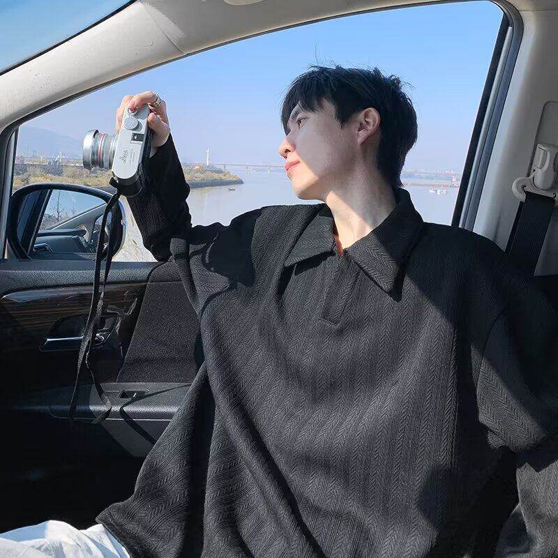 男士针织衫POLO领日系原宿风慵懒简约百搭潮流黑色长袖毛衣外套