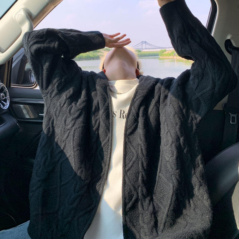 男士连帽开衫毛衣外套加厚麻花针织长袖宽松休闲纯色黑色拉链毛衣