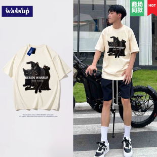 潮流重磅短袖 99元 美式 夏季 男黑色猫咪印花纯棉圆领黑色体恤 6件