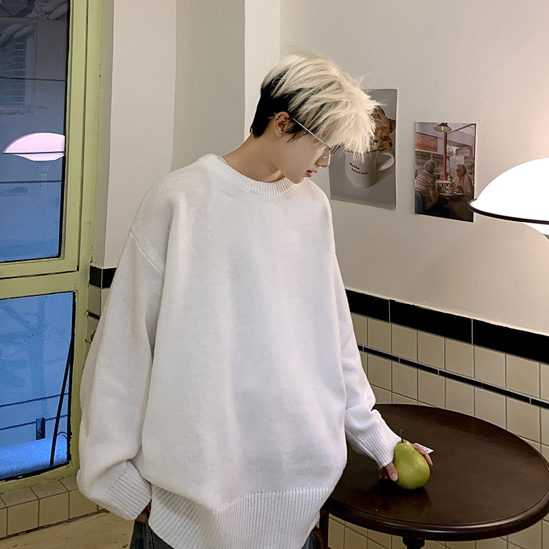 男士宽松圆领套头针织衫慵懒风毛衣秋冬韩版复古潮牌情侣线衣纯色