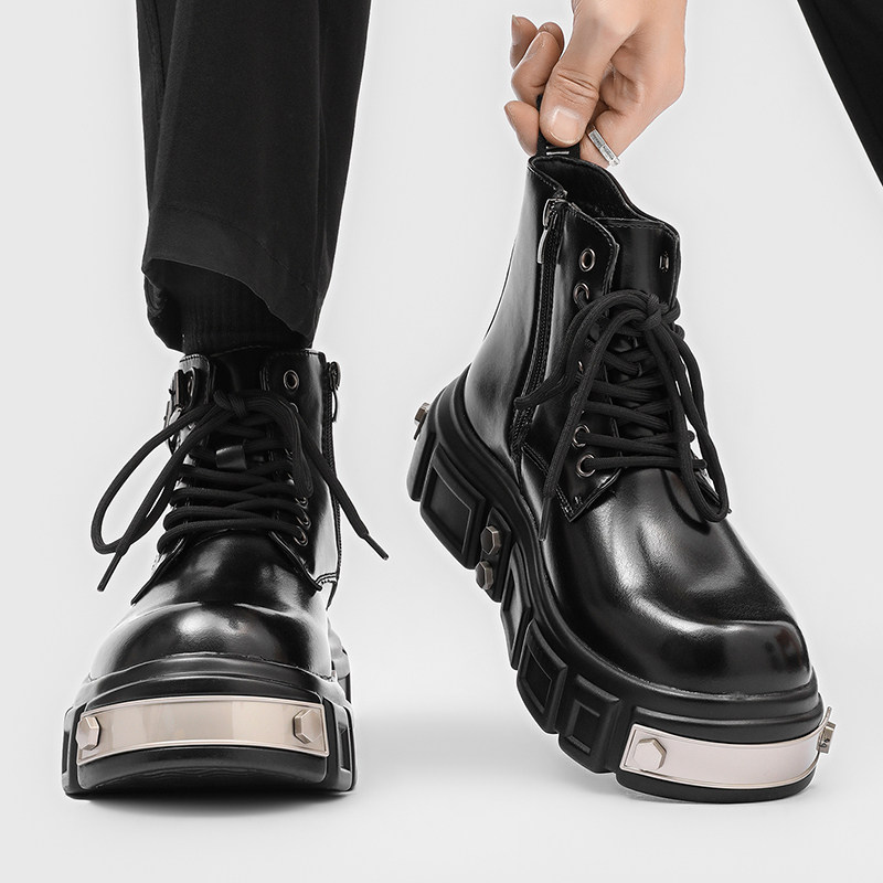 英伦风厚底马丁靴男黑色系带短筒机车靴朋克风增高靴子系带靴男鞋