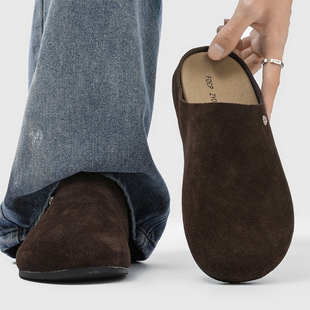 复古勃肯鞋男款棕色翻毛皮老钱风一脚蹬穆勒鞋厚底休闲包头半拖鞋