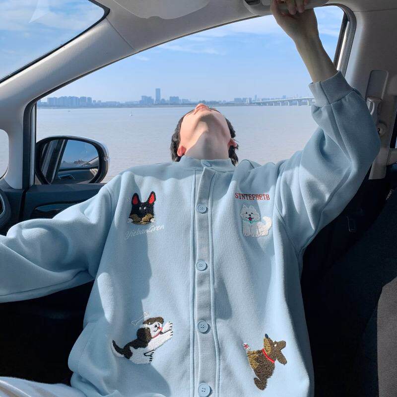 日系原宿风男款开衫卫衣慵懒刺绣小狗图案浅蓝色无帽长袖秋款外套