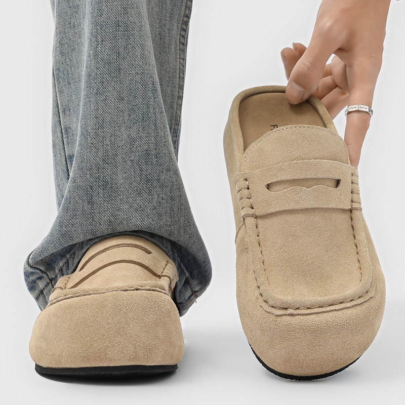 勃肯鞋半拖男款包头拖鞋一脚蹬乐福鞋厚底增高翻毛皮鞋方头休闲鞋