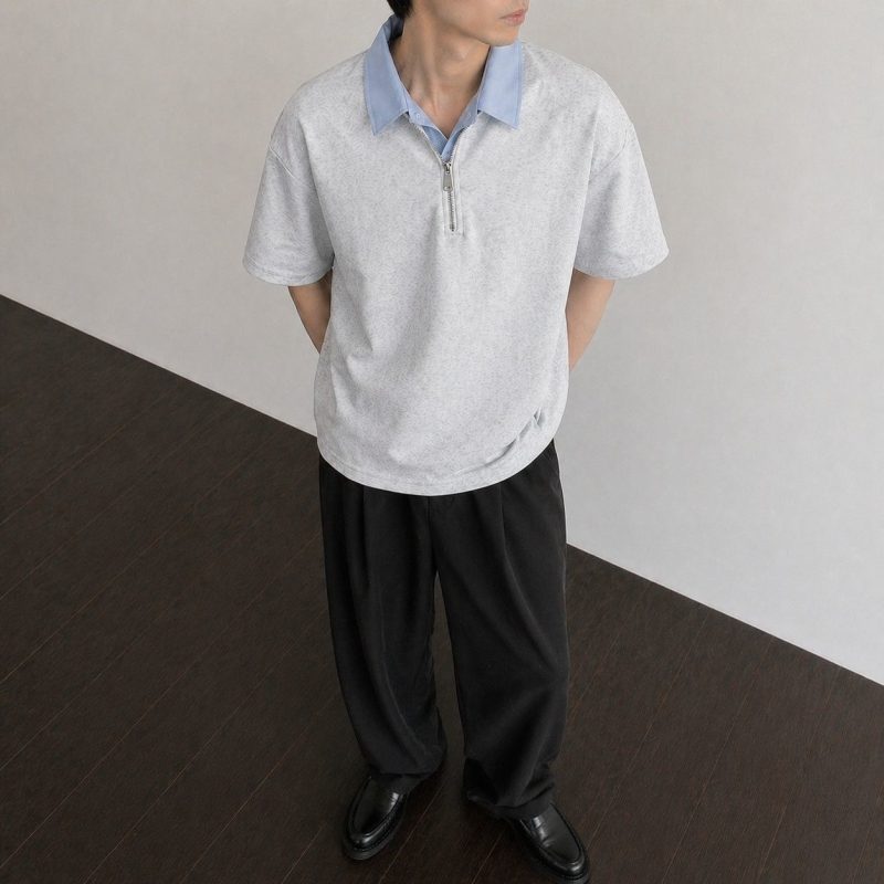 男款假两件衬衫领短袖T恤宽松日系学院风痞帅翻领拉链夏季polo衫