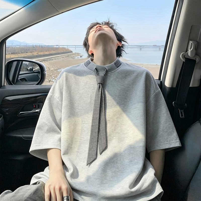 美式格子领口拼接宽松短袖T恤夏季男灰色情侣休闲百搭设计感潮流T