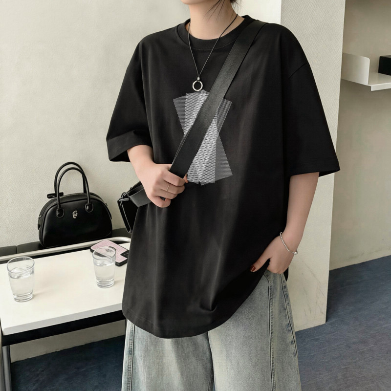 韩版宽松纯棉英文印花黑色男女T恤潮流百搭夏季圆领休闲短袖衫