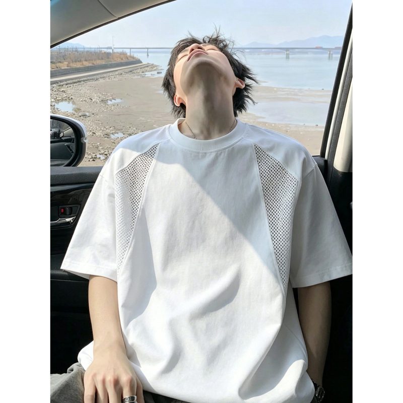 男款白色冰丝速干T恤夏季轻薄美式正肩宽松网纱拼接运动五分半袖