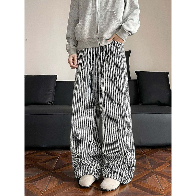 男款慵懒风鱼骨纹宽松直筒裤阔腿拖地休闲裤黑白印花抽绳高街长裤