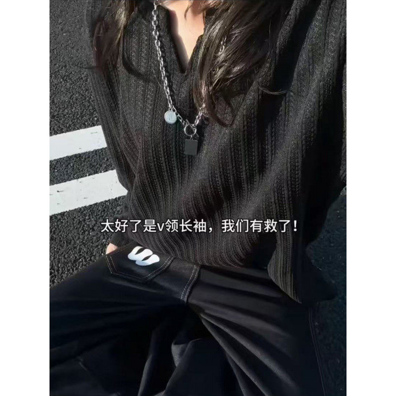肌理感条纹V领卫衣男潮牌衬衫外套男装青年休闲上衣设计感小众