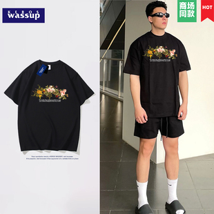 潮流重磅短袖 99元 美式 夏季 男潮牌花朵印花纯棉圆领黑色体恤 6件