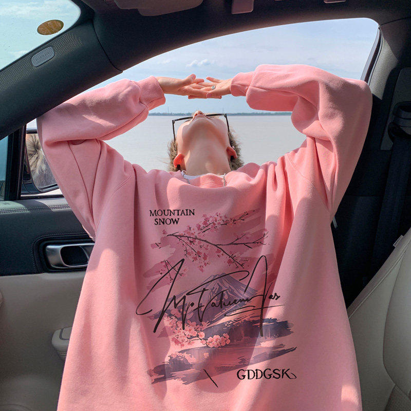 男士圆领卫衣宽松潮牌樱花印花粉色加绒秋冬文艺百搭长袖外套男装