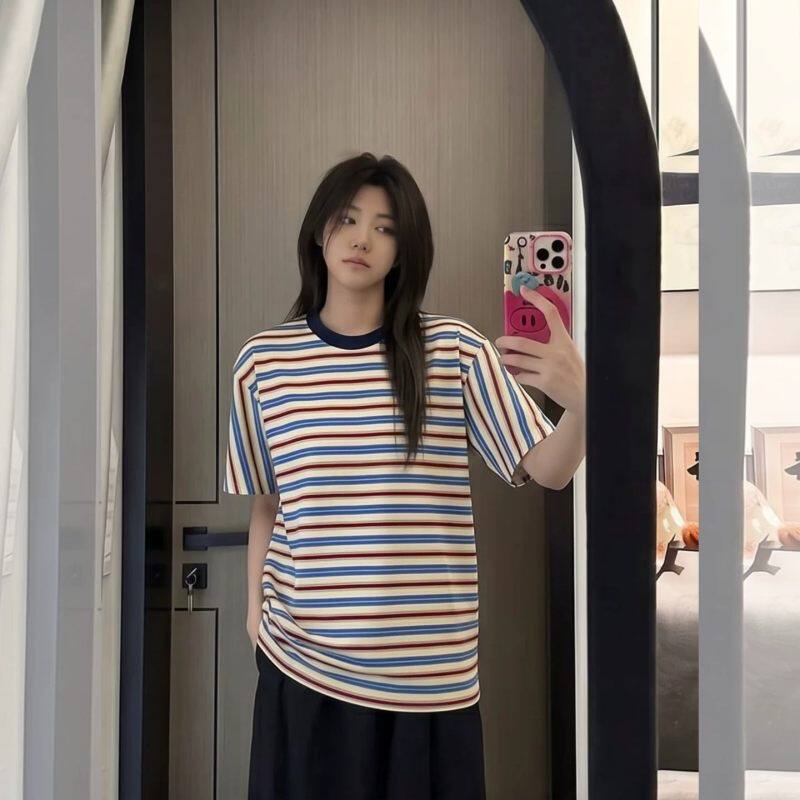 夏季薄款彩虹条纹纯棉圆领宽松短袖T恤男女韩版青少年休闲上衣