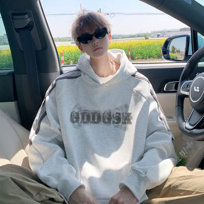 男款卫衣加绒连帽拼接潮流宽松外套棉质内搭撞色街头休闲上衣