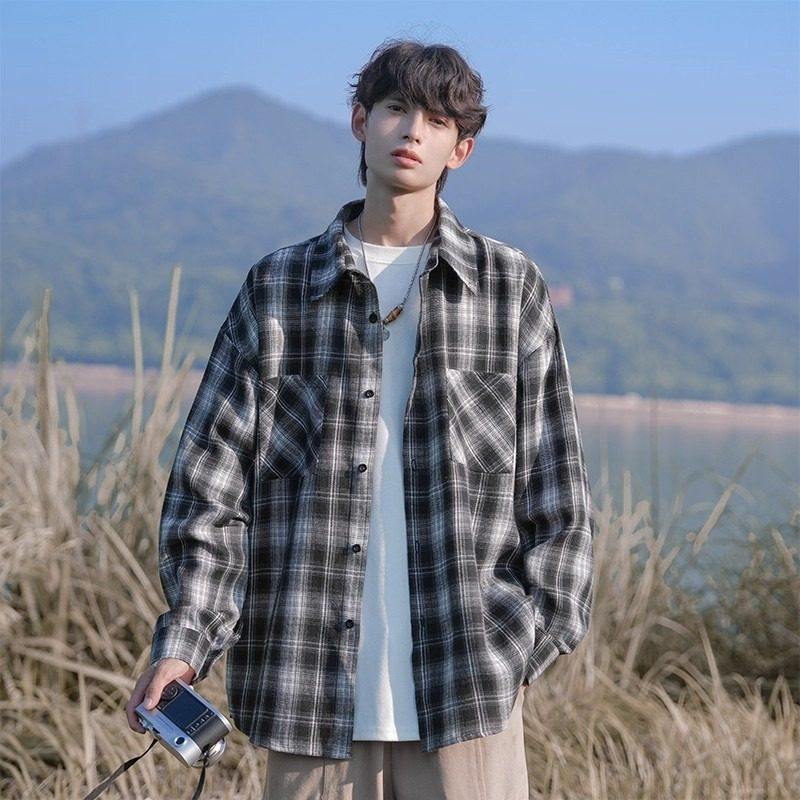 男士复古格子长袖衬衫秋季宽松休闲翻领外套青年潮流百搭上衣,男装,衬衫,淘宝优惠券,粉丝福利购,淘宝优惠卷