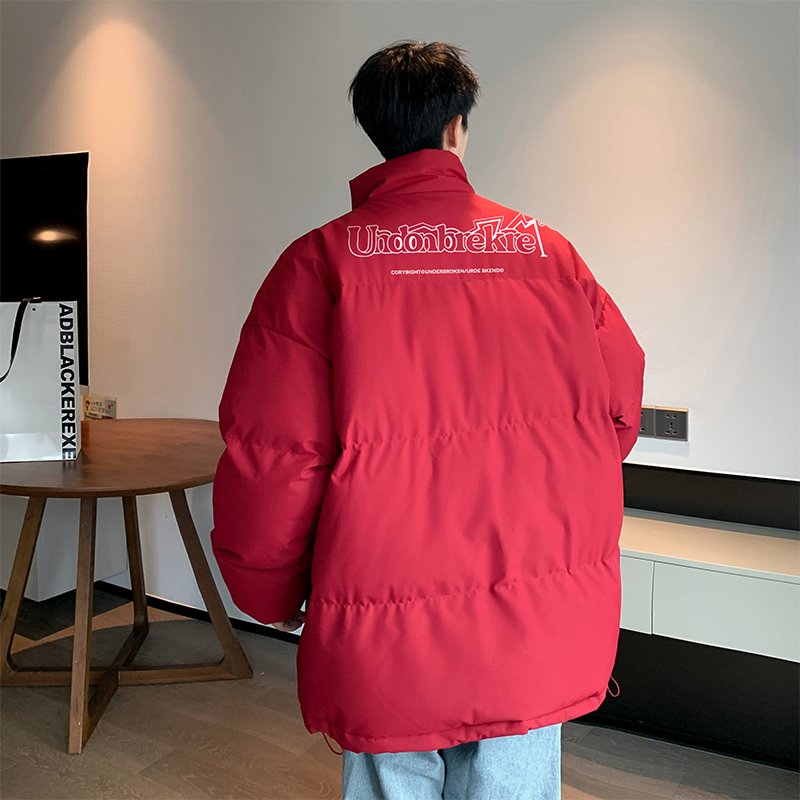 男士羽绒棉服港风宽松面包服红色立领加厚长袖字母印花棉衣外套