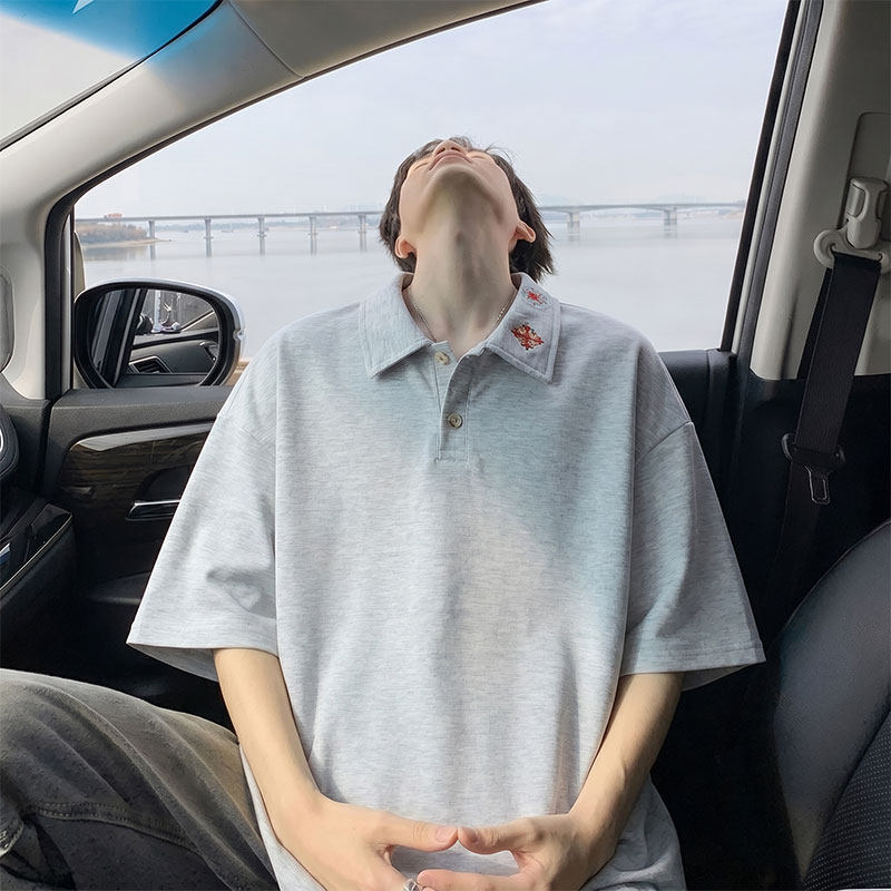 男士韩版宽松翻领刺绣短袖T恤夏季时尚日常休闲纯色透气潮流体恤