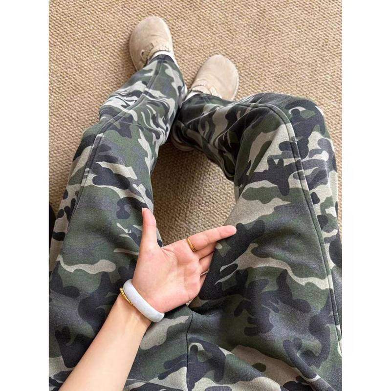 军绿斜切弯刀迷彩卫裤男潮牌重磅垂感工装束脚运动长裤美式复古风