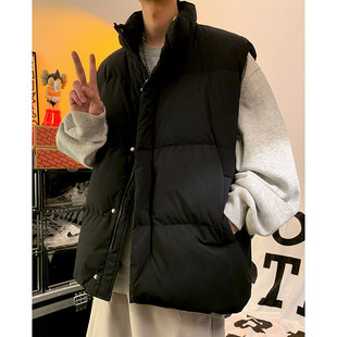 马甲硬挺boxy版 男士 加厚无袖 黑色立领短款 型纯色拉链棉服外套 冬季