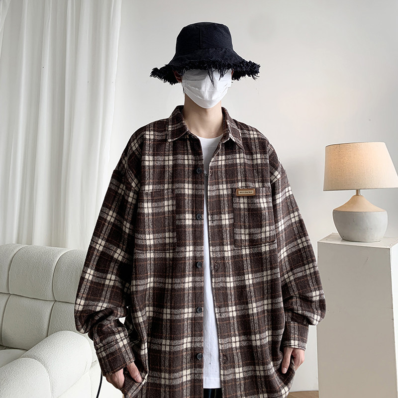 男生长袖衬衫宽松港风复古格纹外套秋冬新款情侣装叠穿衬衣潮流