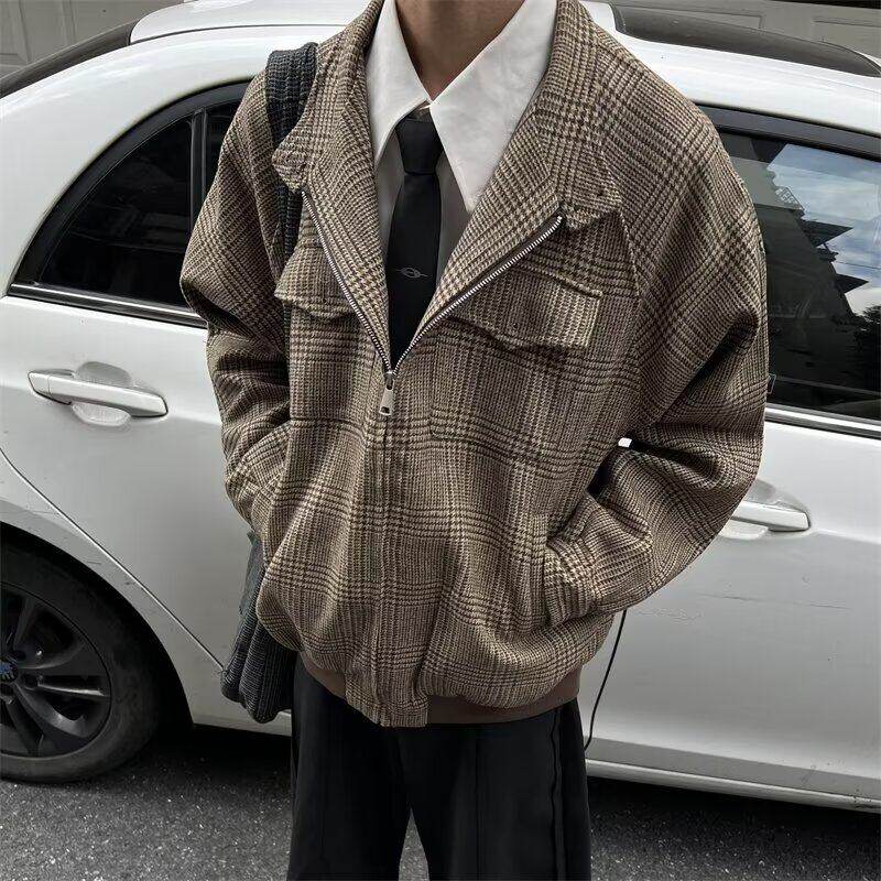 男款春秋季潮牌夹克宽松工装风棒球服外套复古痞帅印花图案黑色