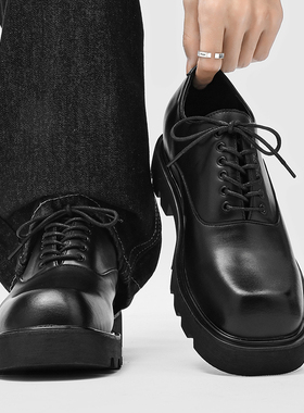 方头皮鞋男高级感百搭通勤小众男鞋黑色vibe厚底韩版情侣德比鞋潮