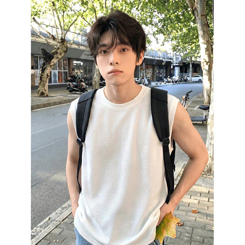 男款白色冰感防晒速干肌理透气爽滑弹力修身无袖背心运动潮牌马甲