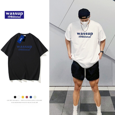 Keros WASSUP夏季男短袖t恤白色半袖潮流印花纯棉潮牌情侣体恤