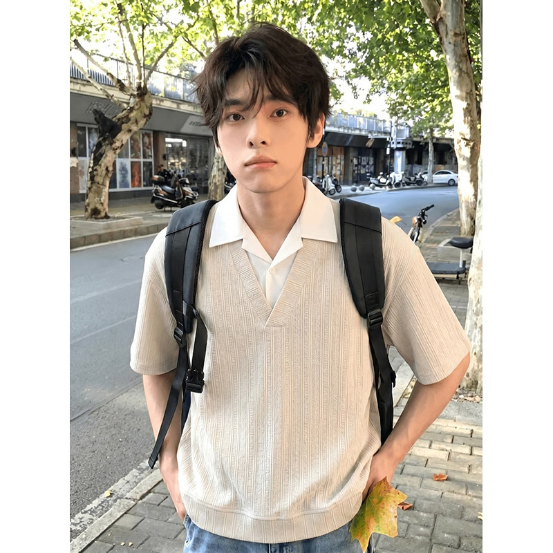 夏季冰凉肌理美式高街假两件翻领短袖T恤男宽松纯色韩版针织上衣
