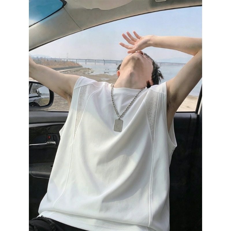 男款夏季新款网眼冰丝速干透气宽松无袖T恤白色纯色运动潮流背心