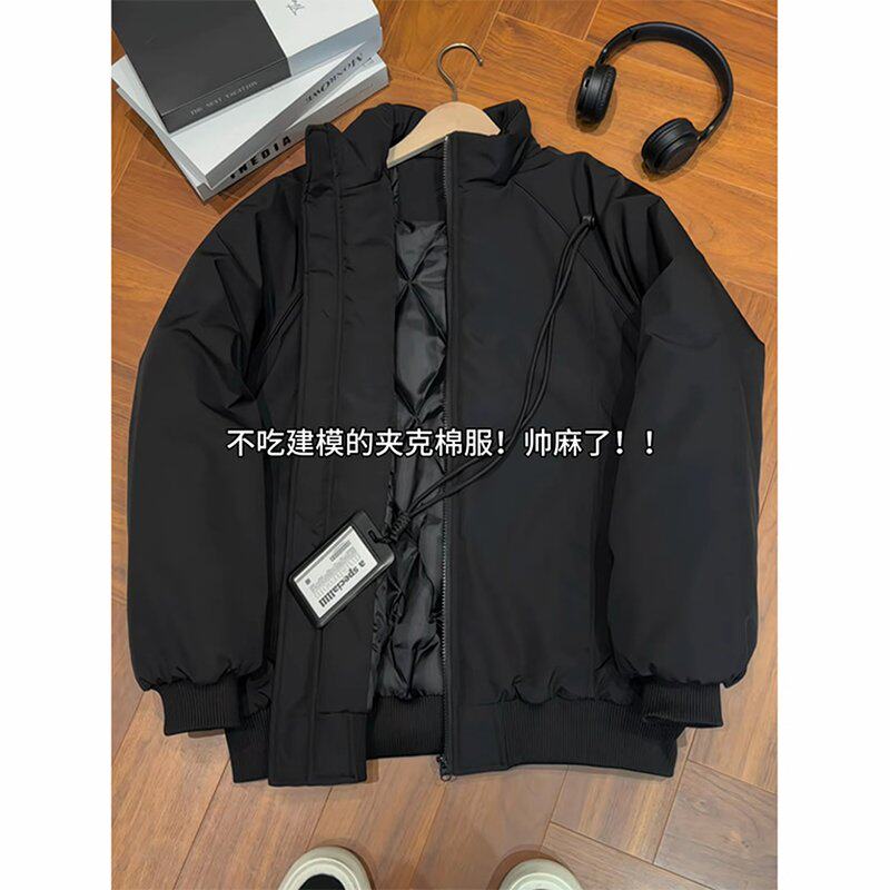 潮牌美式解构棒球服棉衣男中性风立领保暖棉服黑色连帽夹克外套男