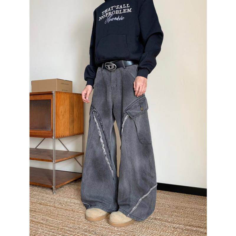 男款牛仔裤美式高街嘻哈风格水洗做旧宽松直筒潮牌长裤复古蓝色