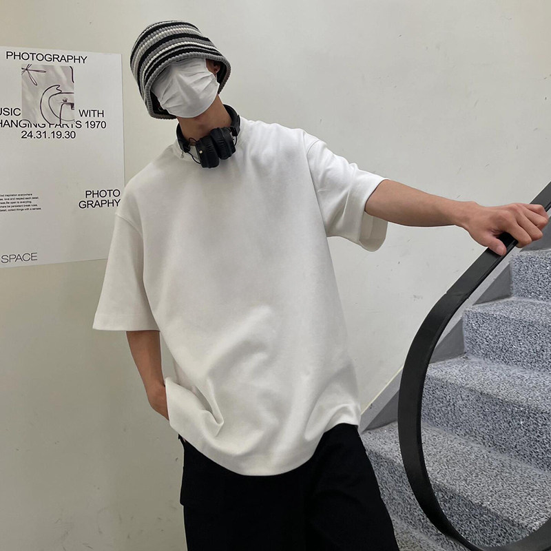 男士重磅三本针纯棉宽松大码白色纯色简约韩版百搭圆领短袖T恤Tee
