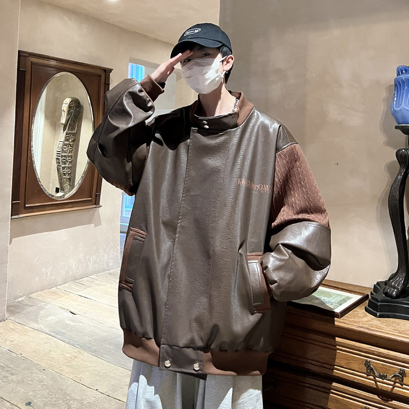 男装针织肩部民族风夹克宽松大码PU皮面纯色百搭休闲上衣外套