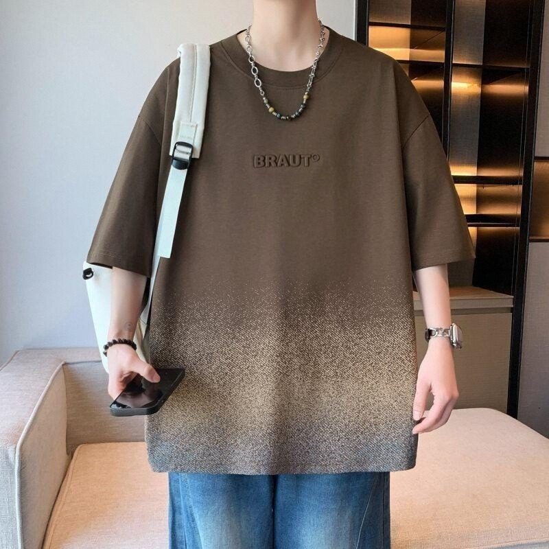 男士宽松渐变色圆领短袖衬衫休闲百搭大码运动潮流纯棉夏季上衣衫